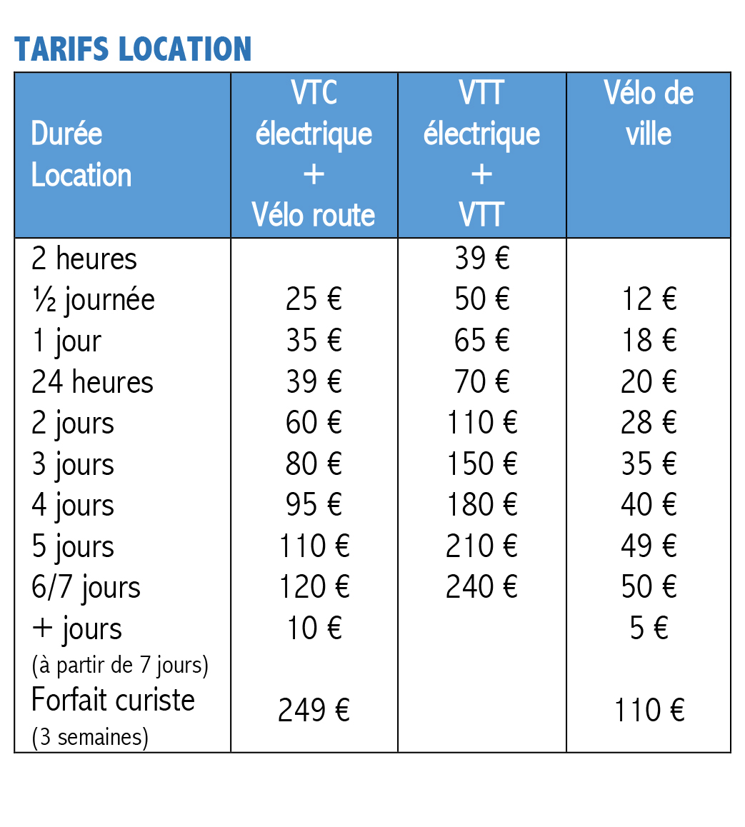 TARIFS LOCATION vélos 2023